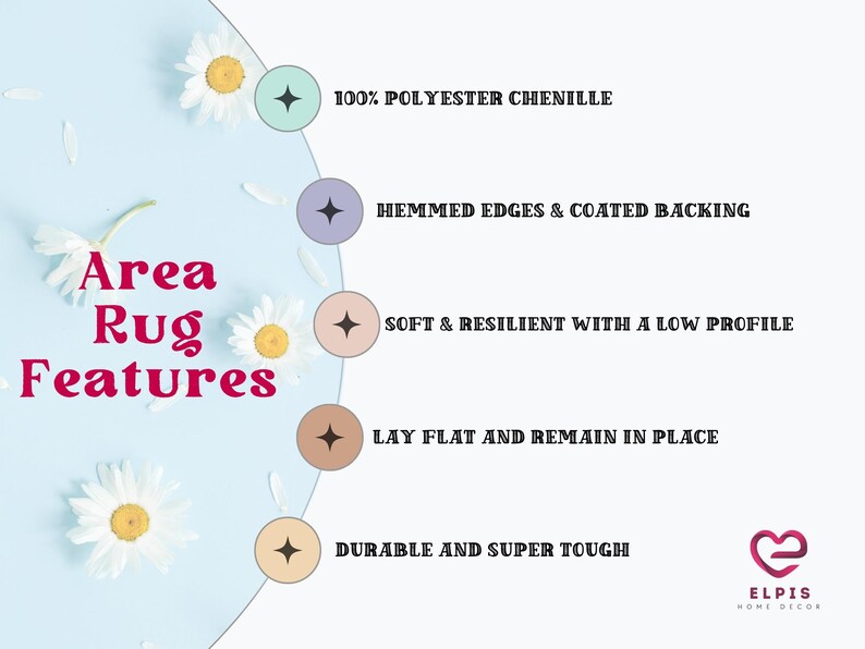May include: Area rug features: 100% polyester chenille, hemmed edges & coated backing, soft & resilient with a low profile, lay flat and remain in place, durable and super tough.  The image features a light blue background with white daisies.