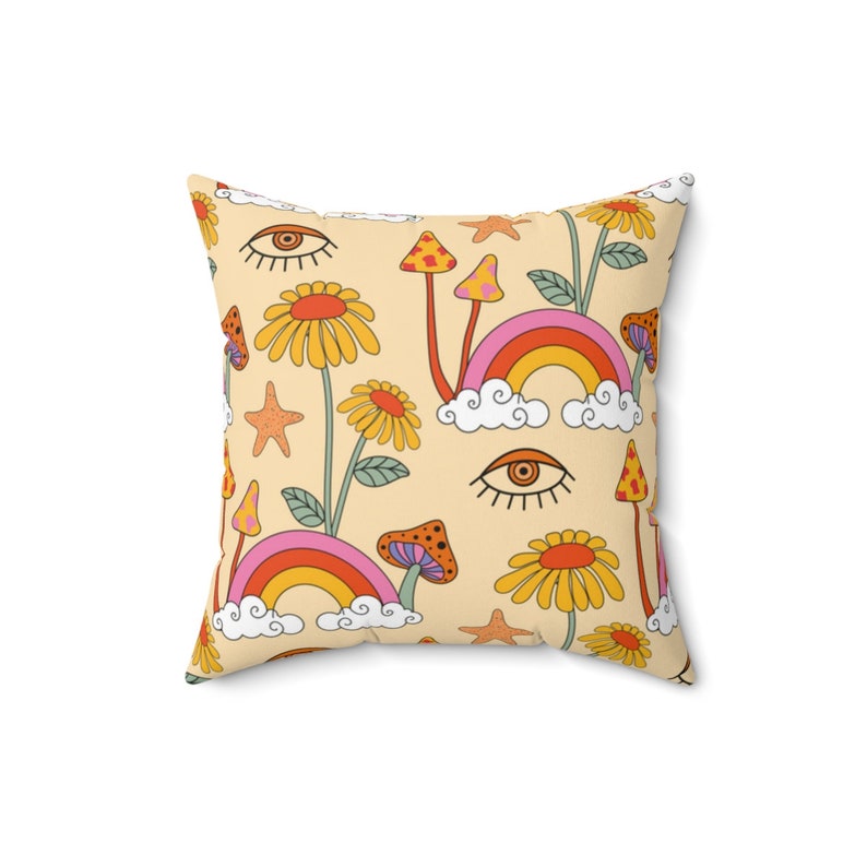 Groovy Mushroom Pillow, Retro Amanita Mushroom Cushion Cover, Mushroom Decor, Trippy Cottagecore Pillow, 70s Mushroom Pillow Case image 2