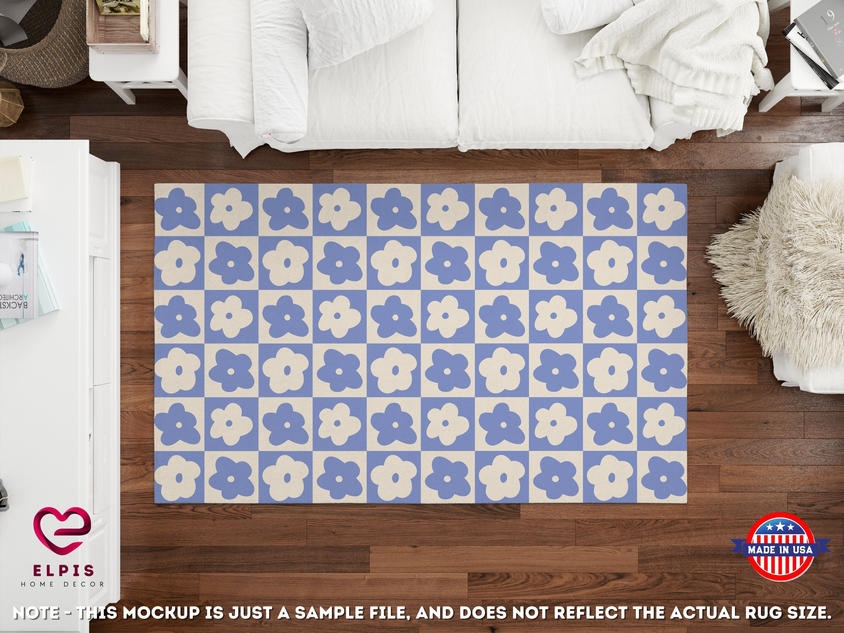 Blue Flower Checkered Rug Pastel Blue Floral Checkerboard - Etsy