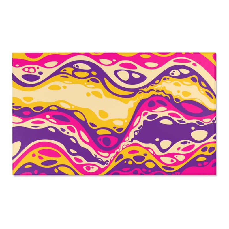 May include: Abstract art print featuring a colorful design with wavy lines and circles in shades of yellow, pink, and purple.