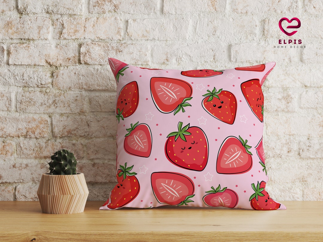 Kawaii Strawberry Throw Pillow, Pink College Dorm Decor, Kawaii Pink
