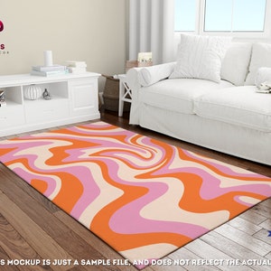 70s Style Pink Wavy Rug, Indie Room Decor Area Rug, Orange Swirl Rug, 70s Trippy Rug, Pastel Groovy Rug, Mid Century Abstract Retro Carpet