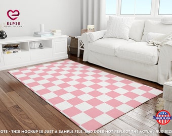 Tappeto a scacchi rosa pastello, tappeto a scacchi retrò per l'arredamento danese della camera da letto in stile pastello