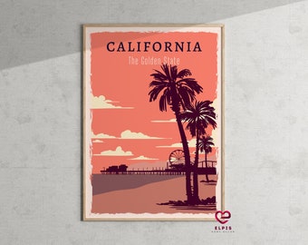 Póster de California, impresión de viaje retro: arte mural del muelle de Santa Mónica, regalo del Estado Dorado, decoración moderna de Los Ángeles