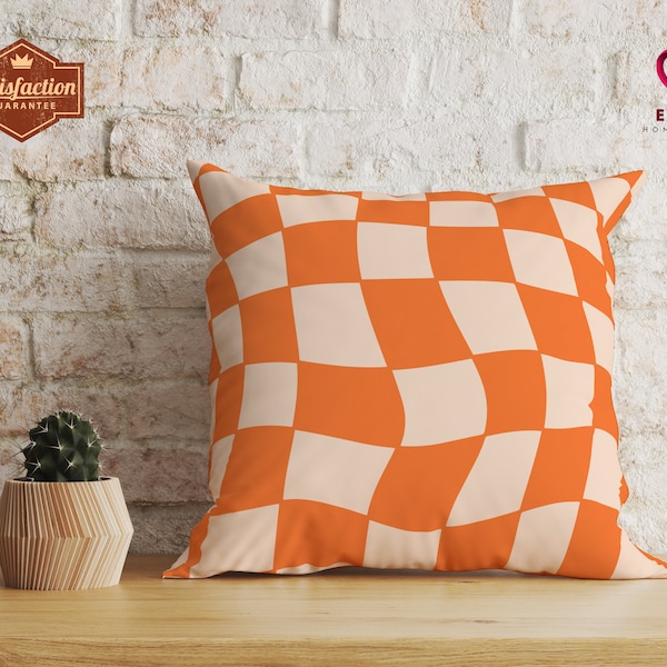 Tangerine Checkered Pillow, Retro Checkered Decor, Orange Checkerboard Pillow, Preppy Room Decor, 60s 80s Throw Pillow, Indie Room Decor