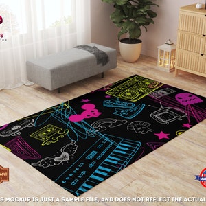 May include: A black area rug with a neon pink, yellow, and blue design. The rug features a variety of 80s and 90s themed illustrations, including a boombox, cassette tape, skateboard, and a keyboard.