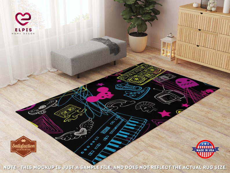 May include: A black area rug with a neon pink, yellow, and blue design. The rug features a variety of 80s and 90s themed illustrations, including a boombox, cassette tape, skateboard, and a keyboard.