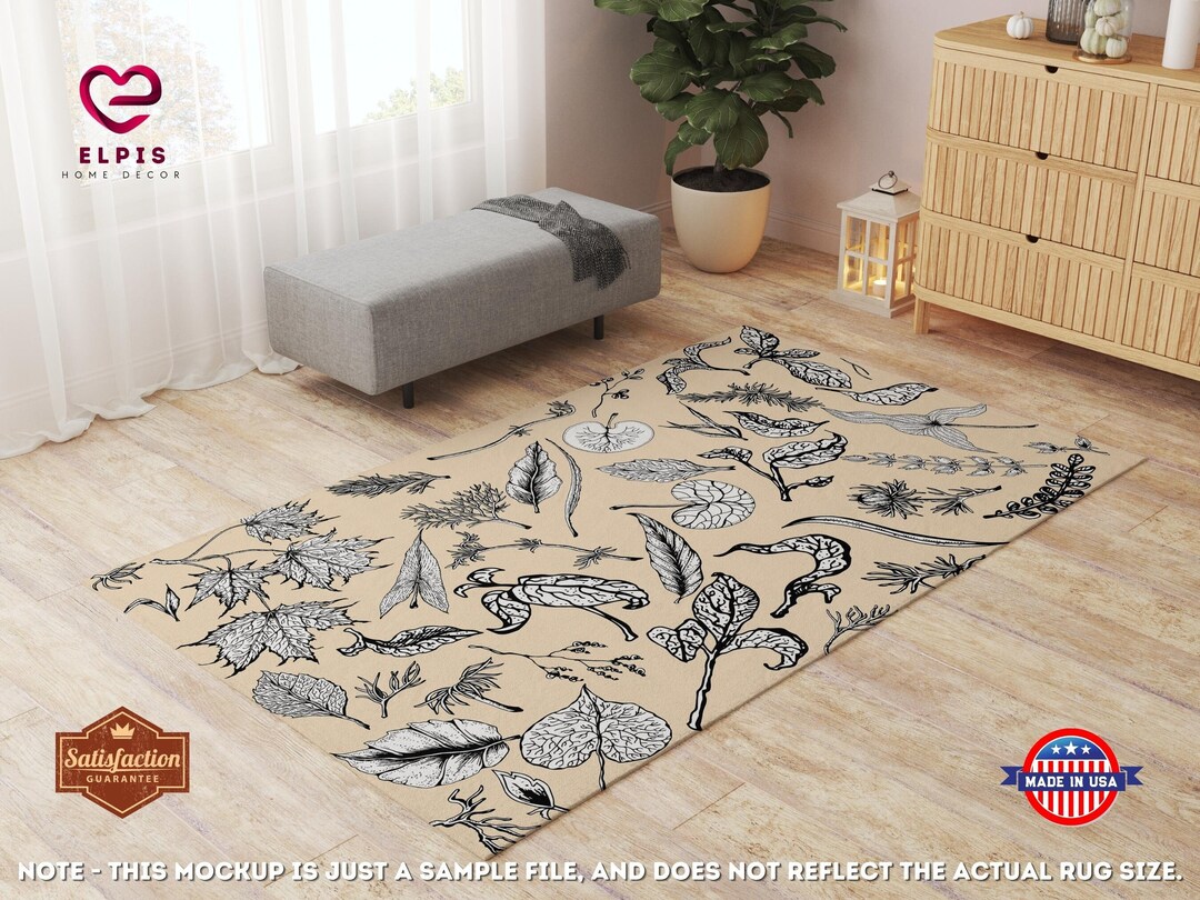 Hand Drawn Leaves Area Rug, Light Beige Cottagecore Decor, Danish ...