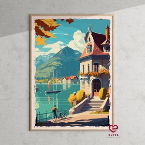 Retro Lake Annecy Travel Poster, France Travel Gift, Annecy Wall Art, Vintage Affiche France, Lac d'Annecy France Decor, French Alpes Gift