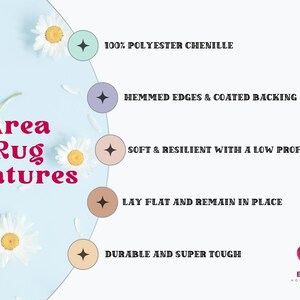 May include: An image with the text "Area Rug Features" and details about the rug. The features include 100% polyester chenille, hemmed edges, coated backing, soft and resilient with a low profile, lay flat, and durable.