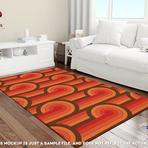 May include: A retro-style area rug with a repeating pattern of orange, red, and brown curved lines. The rug is on a wooden floor in a living room setting.
