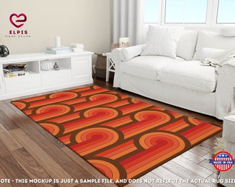 Könnte beinhalten: Ein Retro-Teppich mit einem sich wiederholenden Muster aus orangefarbenen, roten und braunen geschwungenen Linien. Der Teppich liegt auf einem Holzboden in einem Wohnzimmer.