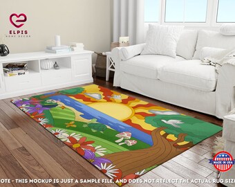 Tappeto con paesaggio naturale psichedelico e groovy, tappeto in ciniglia stile anni '70.