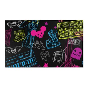 May include: A black background with colourful doodles of a boombox, a skateboard, a cassette tape, a keyboard, a ghost, a pair of trainers, a skull, a rainbow, a star, and a TV.