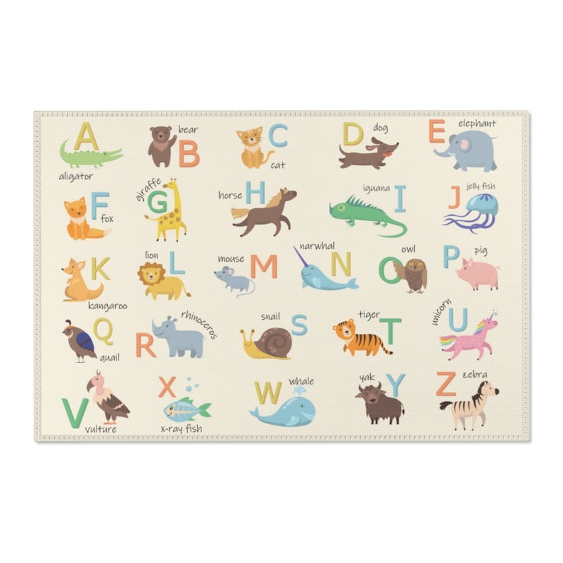 Danish Pastel ABC Rug, Beige Nursery Decor, Cute Animal Alphabet Rug, ABC Playroom Rug, Educational Kids Room Decor, Kindergarten Rug 2x3 ft - 60cmx90cm