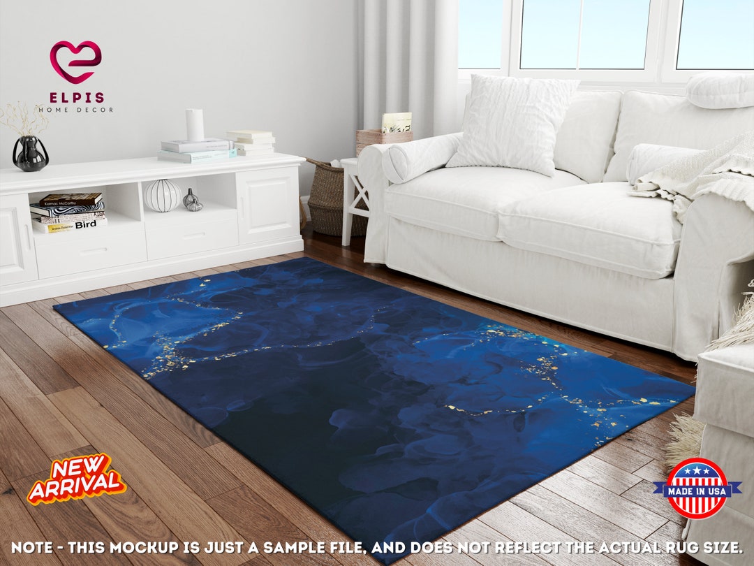 Navy Blue Marble Rug, Black and Blue Marble Carpet, Dark Blue Marble