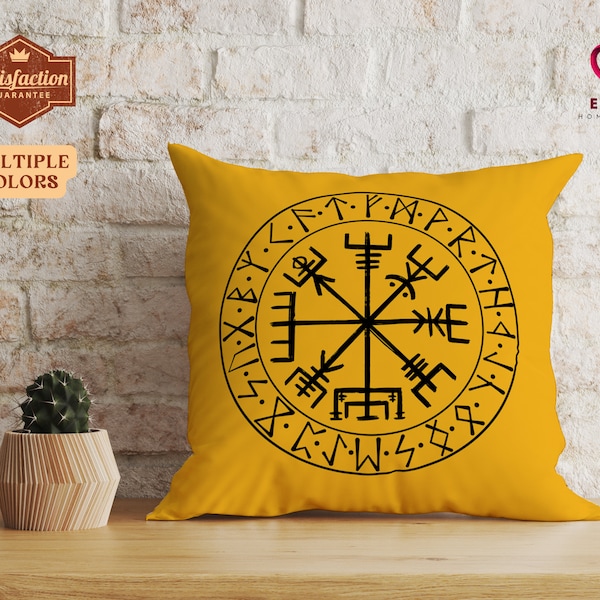 Vegvisir Runic Compass Pillow, Viking Compass Throw Pillow, Trendy Viking Decor, Nordic Compass met Viking Runen, Vegvisir Cushion