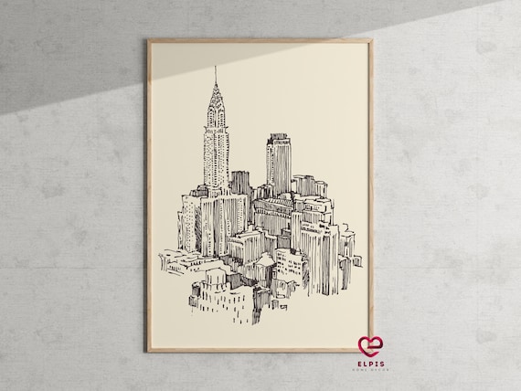 Retro New York City Poster, Hand Drawn Nyc Wall Art, New York Print, Empire State Building Decor, USA Travel Poster, New York Travel Gift