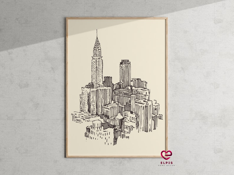 Retro New York City Poster, Hand Drawn Nyc Wall Art, New York Print, Empire State Building Decor, USA Travel Poster, New York Travel Gift image 1