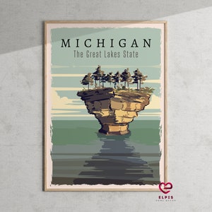 Retro Michigan Poster, Great Lakes State Wall Art, Michigan Travel Gift, Mackinac Island Decor, Turnip Rock Gift, Modern Michigan Print
