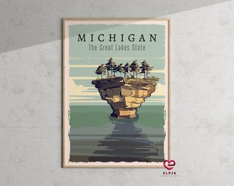 Retro Michigan Poster, Great Lakes State Wall Art, Michigan Travel Gift, Mackinac Island Decor, Turnip Rock Gift, Modern Michigan Print