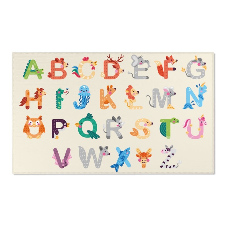 Animal Alphabet Rug, Danish Pastel Kids Room Decor, Beige English Alphabet Area Rug, Nursery Decor, Cute Animals Educational Playroom Rug 3x5 ft - 90cmx150cm