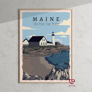 Retro Maine Poster, Maine Travel Gift, Portland Head Light Wall Art, Vintage Lighthouse Print, Portland Maine Wall Decor, Pine Tree State