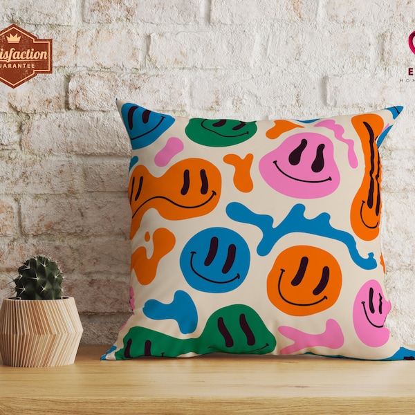 Smiley Face Pillow, Trippy Room Decor, Melting Smiley Face Throw Pillow, Retro Teen Girl Room Decor, 70s Y2k Happy Face Pillow Case