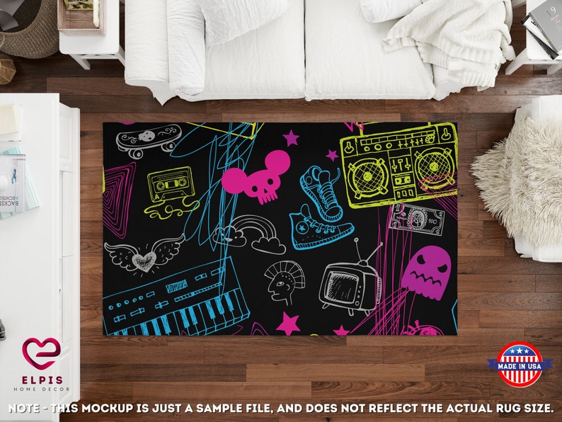 May include: A black and white rug with a retro 80s theme. The rug features a cassette tape, a boombox, a skateboard, a keyboard, a TV, a ghost, and a pair of trainers. The rug is decorated with neon pink, yellow, and blue lines.