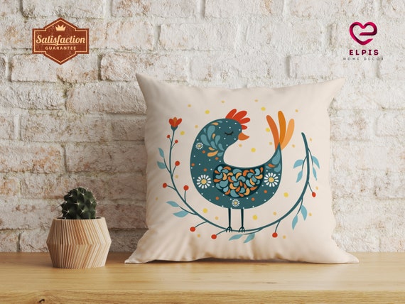 Scandinavian Folk Art Rooster Pillow, Rooster Bird Folk Art Cushion Cover, Swedish Farmhouse Decor, Norwegian Swedish Folk Art Throw Pillow