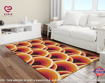 Könnte beinhalten: Ein Retro-Teppich mit einem Muster aus konzentrischen Kreisen in Orange-, Rot- und Brauntönen. Der Teppich liegt auf einem Holzboden in einem Wohnzimmer.