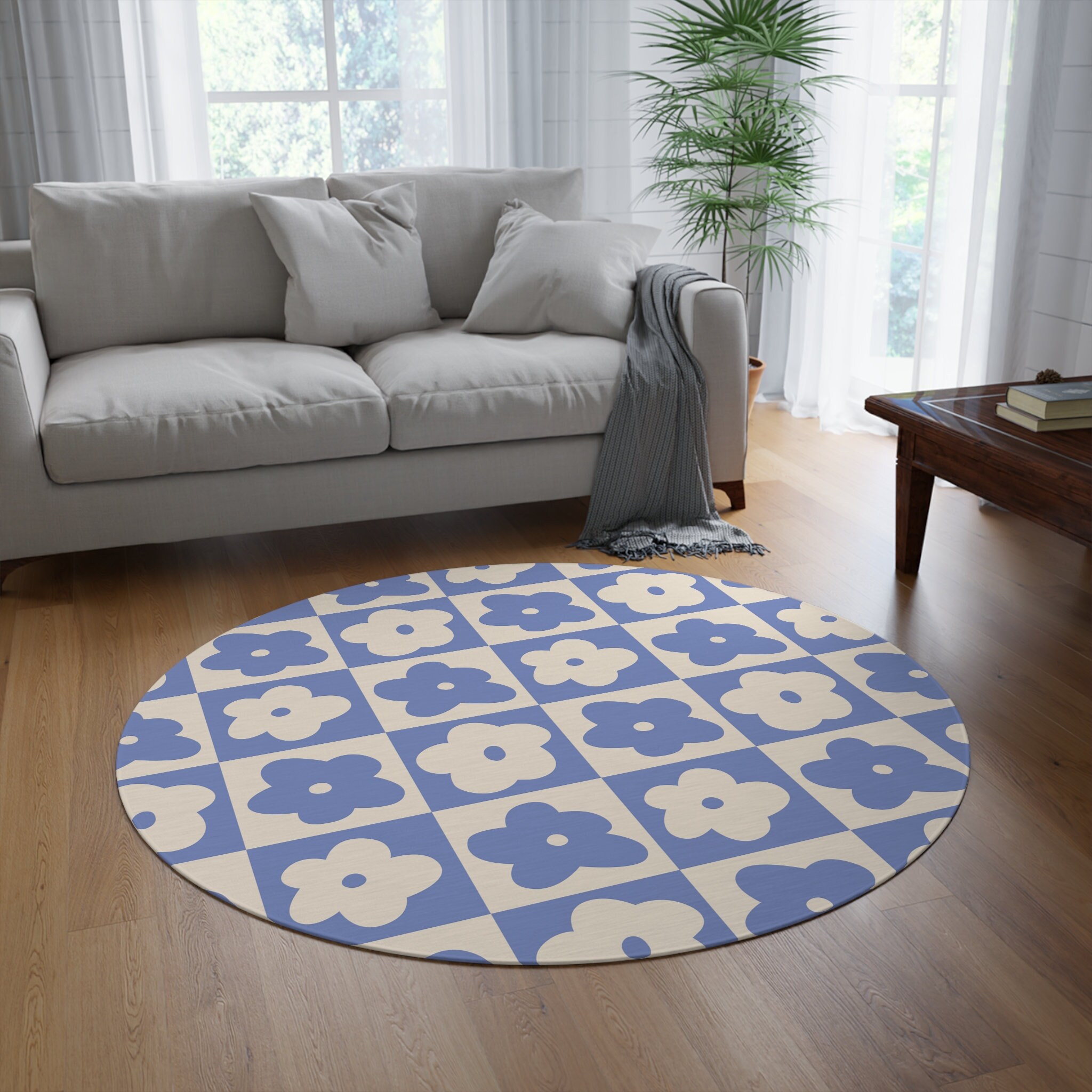 Blue Flower Checkered Rug, Retro Floral Checkerboard Area Rug for ...