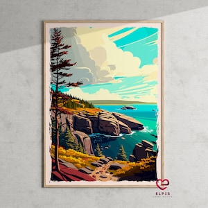 Retro Acadia National Park Poster, Maine Travel Gift, Vintage National Parks Art Print, Acadia Park Wall Art, Maine Wall Decor