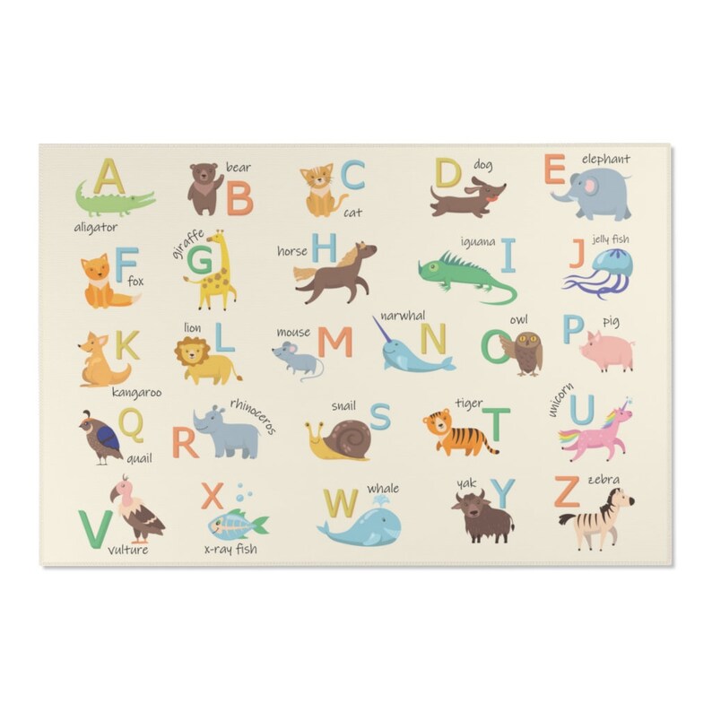 Danish Pastel ABC Rug, Beige Nursery Decor, Cute Animal Alphabet Rug, ABC Playroom Rug, Educational Kids Room Decor, Kindergarten Rug 4x6 ft - 120cmx180cm