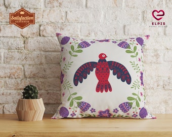 Norwegian Folk Art Bird Throw Pillow, Swedish Folk Art Flower Throw Pillow, Nordic Folk Art Pillowcase, Scandinavian Folk Art Hygge Pillow