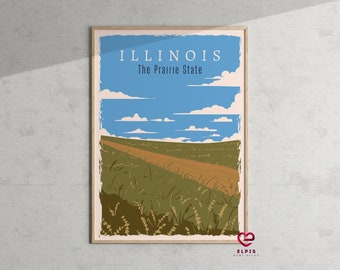 Póster retro de Illinois, arte mural del estado de las praderas, regalo de viaje a Illinois, decoración del estado de Illinois, regalo de luna de miel en Galena, impresión moderna de Illinois