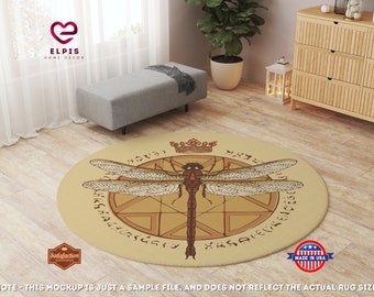 Esoteric Dragonfly Area Rug, Round Crown Rug, Occult Decor, Dragonfly and Crown Round Area Rug, Mystical Dragonfly Decor, Mystic Pentagram