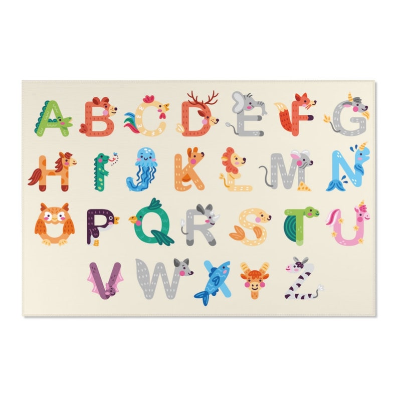 Animal Alphabet Rug, Danish Pastel Kids Room Decor, Beige English Alphabet Area Rug, Nursery Decor, Cute Animals Educational Playroom Rug 4x6 ft - 120cmx180cm