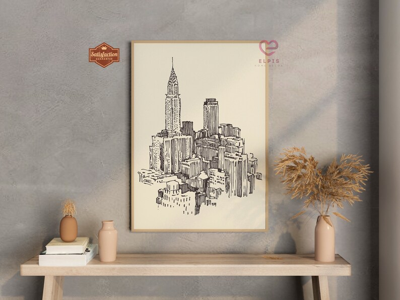 Retro New York City Poster, Hand Drawn Nyc Wall Art, New York Print, Empire State Building Decor, USA Travel Poster, New York Travel Gift image 2