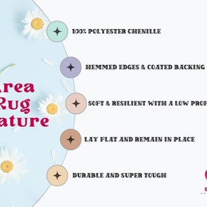 May include: Area rug features: 100% polyester chenille, hemmed edges & coated backing, soft & resilient with a low profile, lay flat and remain in place, durable and super tough.