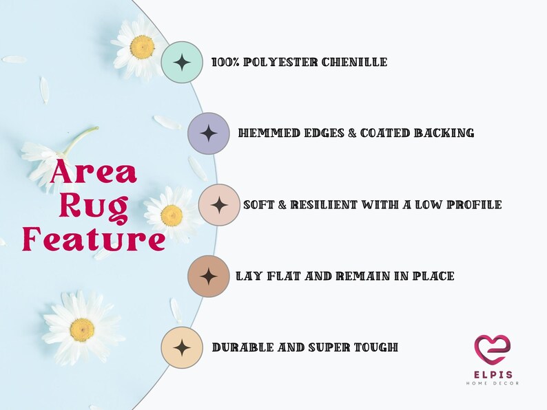 May include: Area rug features: 100% polyester chenille, hemmed edges & coated backing, soft & resilient with a low profile, lay flat and remain in place, durable and super tough.