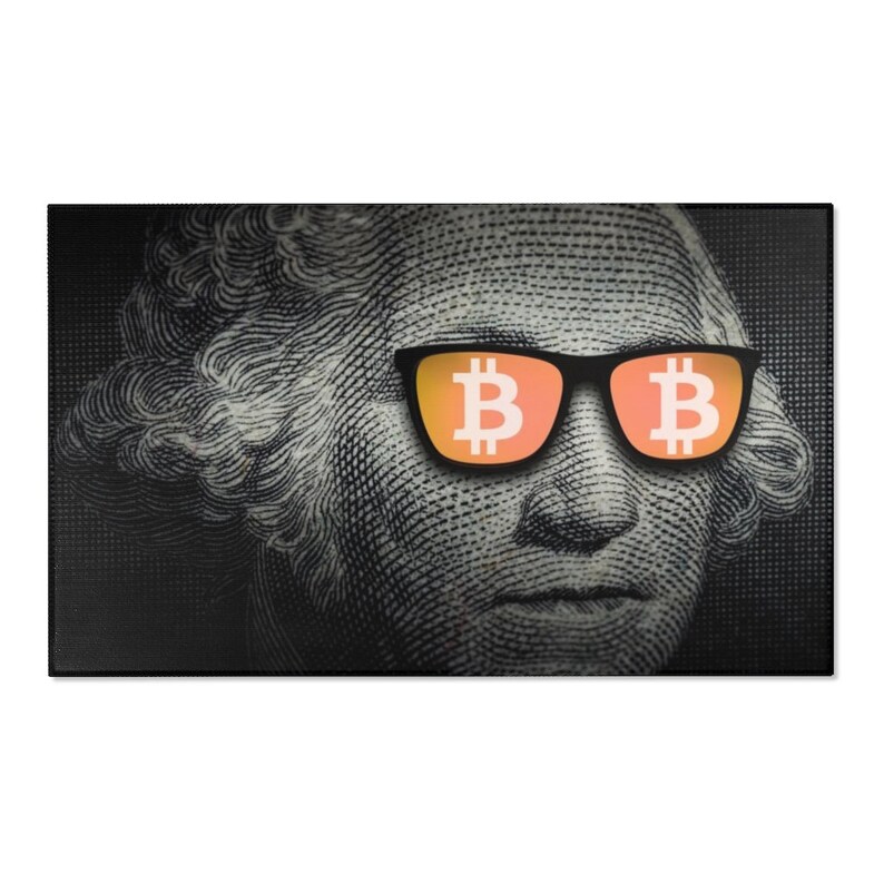 May include: A black and white image of George Washington wearing sunglasses with the Bitcoin symbol in orange on the lenses.
