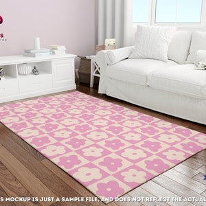 Tapis décoratif danois rose pastel pour dortoir universitaire Y2k, tapis à carreaux fleurs roses, tapis damier floral rose pastel, tapis déco rétro des années 90