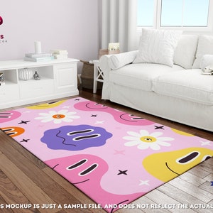 Melted Smiley Face Psychedelic Rug, Trippy Smiley Rug, College Dorm Decor, Retro Hippie Home Decor, Groovy Area Rug, 2x3 3x5 4x6 Emoji Rug