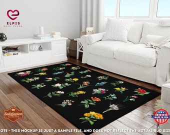 Vintage Black Botanical Wildflower Area Rug, Dark Academia Cottagecore Floral Carpet