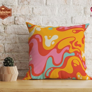 Cojín con mucho estilo, decoración retro con mucho estilo, cojín ondulado de moda, funda de cojín funky de color rosa y naranja, cojín abstracto colorido, decoración de habitación elegante
