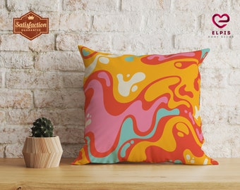 Groovy Throw Pillow, Retro Groovy Decor, Trendy Wavy Pillow, Pink Orange Funky Pillowcase, Colorful Abstract Cushion, Preppy Room Decor