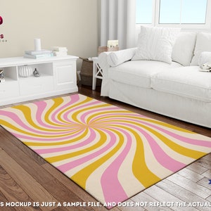 70s Style Pastel Pink Swirl Rug, Groovy Indie Room Decor Area Rug, Yellow Wavy Rug, 70s Optical Illusion Rug, Hippie Mid Century Retro Rug