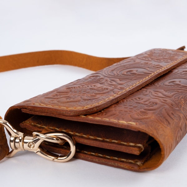 Womens  Purse  Leather, Shoulder Phone Bag, Carved Leather Bag, Full Grain Leather Clutch, Big Size Phone Bag Gifts for Women