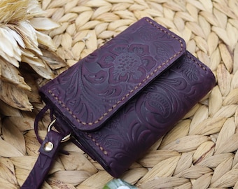 Purple  Wristlet Wallet Womens, Brown Leather Purse, Small Handbag with Zipper, Minimalist Western Bag , Floral Leather Card Holder